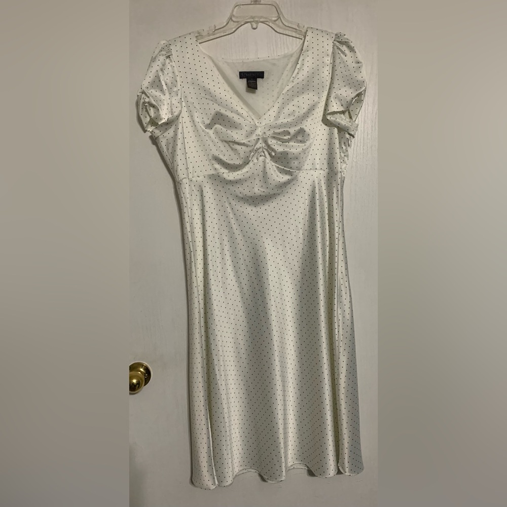 Chadwick’s White with Black Polka Dot Satin Midi Dress